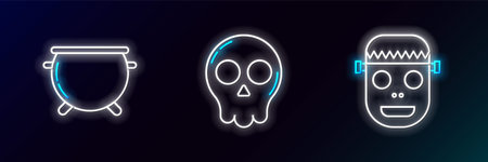 Set line Zombie mask, Halloween witch cauldron and Skull icon. Glowing neon. Vectorのイラスト素材