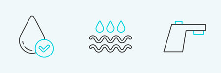 Set line Water tap, drop and Wave with water icon. Vectorのイラスト素材