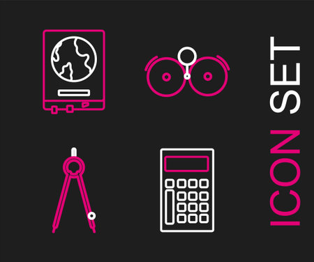 Set line Calculator, Drawing compass, Ringing alarm bell and World map on school blackboard icon. Vectorのイラスト素材