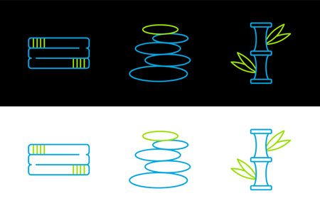 Set line Bamboo, Towel stack and Stack hot stones icon. Vectorのイラスト素材