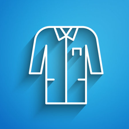 White line Laboratory uniform icon isolated on blue background. Gown for pharmaceutical research workers. Medical employee equipment. Long shadow. Vectorのイラスト素材