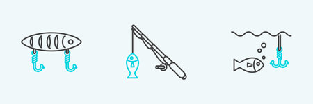 Set line Fishing hook under water with fish, lure and rod and icon. Vectorのイラスト素材