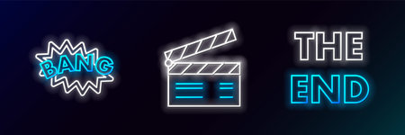 Set line The End handwritten inscription, Bang boom text speech bubble balloon and Movie clapper icon. Glowing neon. Vectorのイラスト素材