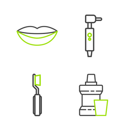Set line Mouthwash plastic bottle, Toothbrush, drill and Smiling lips icon. Vectorのイラスト素材