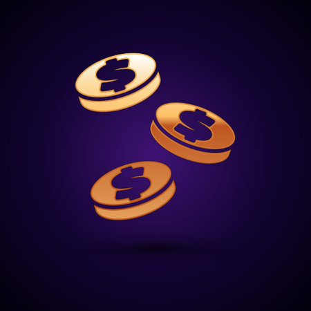 Gold Coin money with dollar symbol icon isolated on black background. Banking currency sign. Cash symbol. Vectorのイラスト素材
