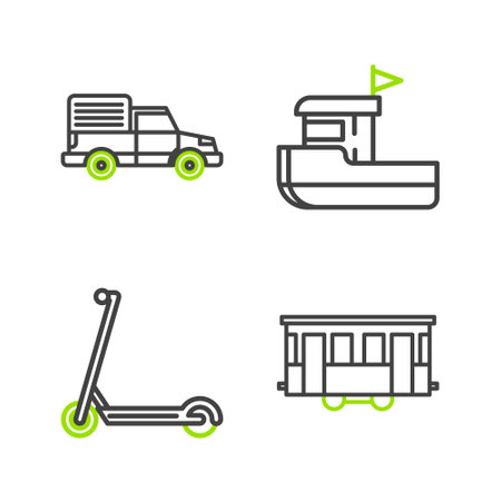 Set line Old city tram, Scooter, Fishing boat and Delivery cargo truck vehicle icon. Vectorのイラスト素材