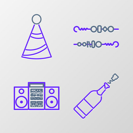 Set line Champagne bottle, Home stereo with two speakers, Grilled shish kebab and Party hat icon. Vectorのイラスト素材