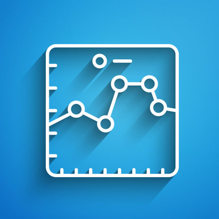 White line Browser with stocks market growth graphs and money icon isolated on blue background. Monitor with stock charts arrow on screen. Long shadow. Vectorのイラスト素材