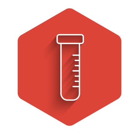 White line Test tube and flask chemical laboratory test icon isolated with long shadow. Laboratory glassware sign. Red hexagon button. Vectorのイラスト素材