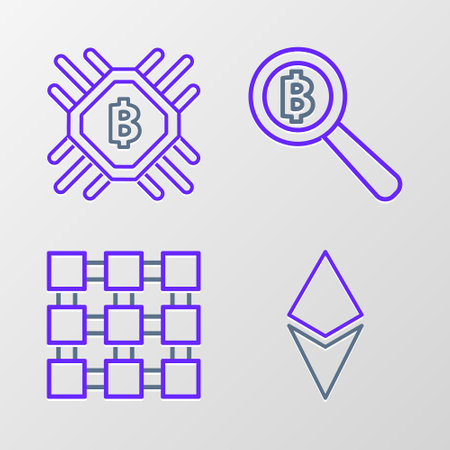Set line Cryptocurrency coin Ethereum ETH, Blockchain technology, Magnifying glass with Bitcoin and CPU mining farm icon. Vectorのイラスト素材