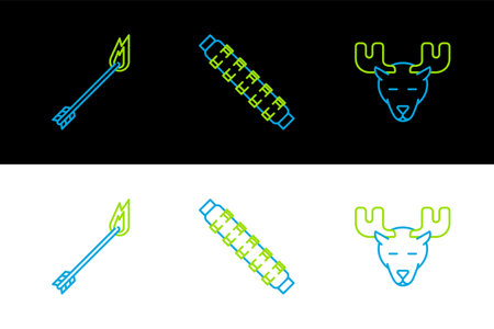 Set line Moose head with horns, Flame arrow and Hunting cartridge belt cartridges icon. Vectorのイラスト素材
