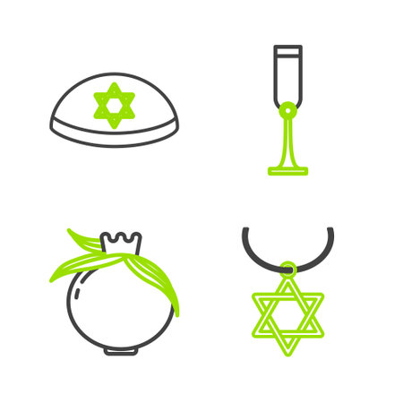 Set line Star of David necklace on chain, Pomegranate, Jewish goblet and kippah with star david icon. Vectorのイラスト素材
