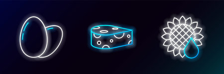 Set line Sunflower, Chicken egg and Cheese icon. Glowing neon. Vectorのイラスト素材