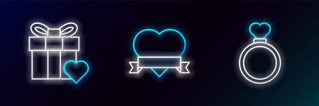 Set line Wedding rings, Gift box and heart and Heart ribbon icon. Glowing neon. Vectorのイラスト素材