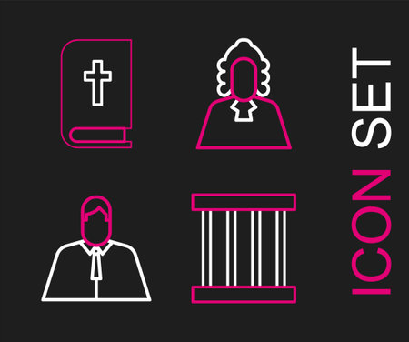 Set line Prison window, Lawyer, attorney, jurist, Judge and Holy bible book icon. Vectorのイラスト素材