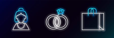 Set line Shopping bag jewelry, Consultant of store and Wedding rings icon. Glowing neon. Vectorのイラスト素材