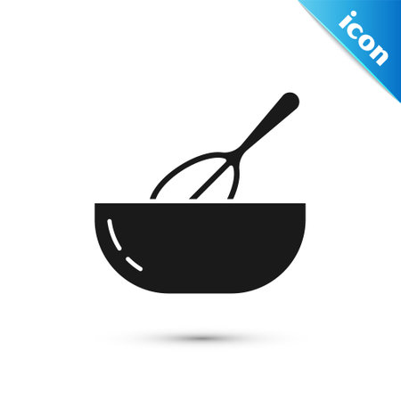 Grey Kitchen whisk and bowl icon isolated on white background. Cooking utensil, egg beater. Cutlery sign. Food mix symbol. Vectorのイラスト素材