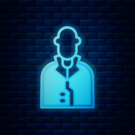 Glowing neon Realtor icon isolated on brick wall background. Buying house. Vectorのイラスト素材