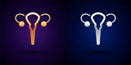 Gold and silver Female reproductive system icon isolated on black background. Anatomy. Gynecology. Woman health. Vectorのイラスト素材