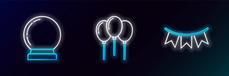 Set line Carnival garland with flags, Magic ball and Balloons ribbon icon. Glowing neon. Vectorのイラスト素材