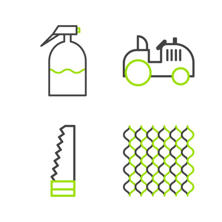 Set line Garden fence wooden, saw, Tractor and sprayer icon. Vectorのイラスト素材