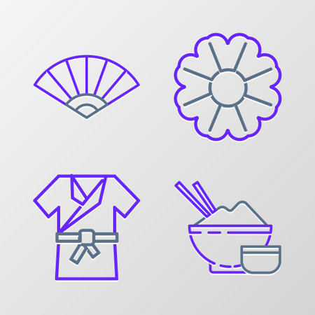 Set line Rice in a bowl with chopstick, Japanese costume Kimono, Flower and Paper chinese or japanese folding fan icon. Vectorのイラスト素材