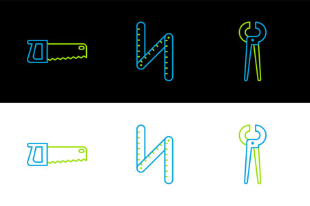 Set line Pincers and pliers, Hand saw and Folding ruler icon. Vectorのイラスト素材