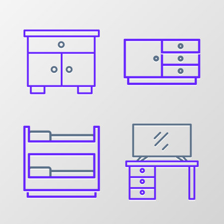 Set line TV table stand, Bunk bed, Chest of drawers and Furniture nightstand icon. Vectorのイラスト素材