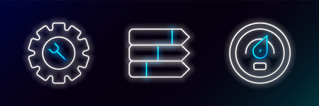 Set line Digital speed meter, Wrench and gear and Pie chart infographic icon. Glowing neon. Vectorのイラスト素材