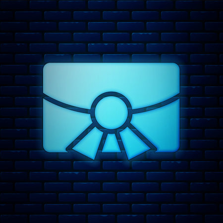 Glowing neon Christmas postcard icon isolated on brick wall background. Merry Christmas and Happy New Year. Vectorのイラスト素材