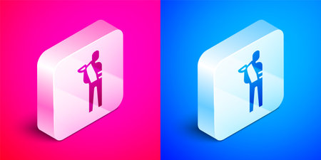 Isometric Human broken arm icon isolated on pink and blue background. Injured man in bandage. Silver square button. Vectorのイラスト素材