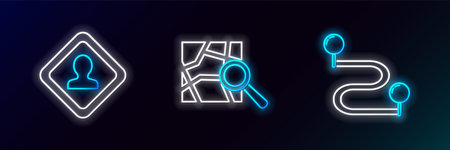 Set line Route location, Road traffic sign and Folded map with marker icon. Glowing neon. Vectorのイラスト素材