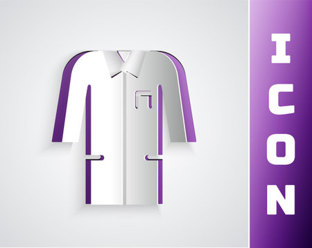 Paper cut Laboratory uniform icon isolated on grey background. Gown for pharmaceutical research workers. Medical employee equipment. Paper art style. Vectorのイラスト素材