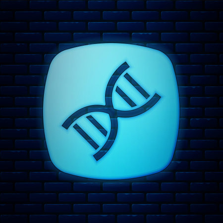 Glowing neon DNA symbol icon isolated on brick wall background. Vectorのイラスト素材