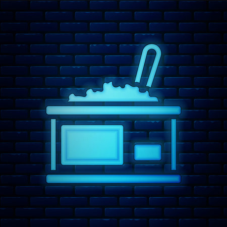 Glowing neon Tin can with caviar icon isolated on brick wall background. Vectorのイラスト素材