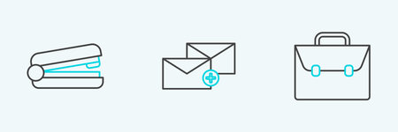 Set line Briefcase, Office stapler and Envelope icon. Vectorのイラスト素材