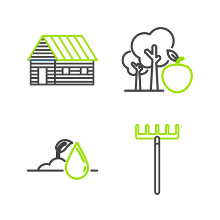 Set line Garden rake, Watering sprout, Tree with apple and Farm house icon. Vectorのイラスト素材