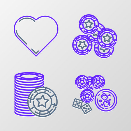Set line Casino chips, game dice and glass of whiskey with ice cubes, and Playing card heart symbol icon. Vectorのイラスト素材