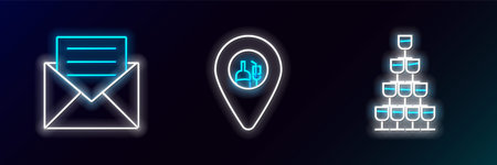 Set line Wine glasses stacked in a pyramid tower, Envelope with invitation card and Alcohol or beer bar location icon. Glowing neon. Vectorのイラスト素材