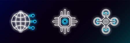 Set line Drone, Global technology or social network and Processor icon. Glowing neon. Vectorのイラスト素材