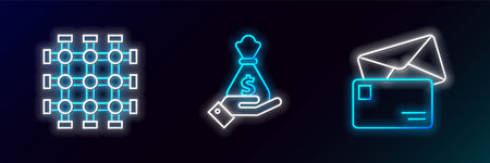 Set line Envelope, Prison window and Hand holding money bag icon. Glowing neon. Vectorのイラスト素材