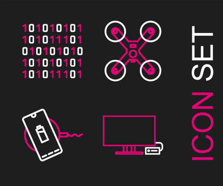 Set line Smart Tv, Wireless charger, Drone flying and Binary code icon. Vectorのイラスト素材