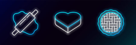 Set line Homemade pie, Rolling pin on dough and Candy heart shaped box icon. Glowing neon. Vectorのイラスト素材