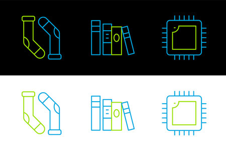 Set line Processor with CPU, Socks and Book icon. Vectorのイラスト素材