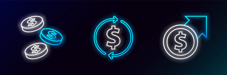 Set line Financial growth and dollar, Coin money with and icon. Glowing neon. Vectorのイラスト素材