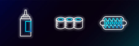 Set line Hotdog sandwich, Sauce bottle and Sushi icon. Glowing neon. Vectorのイラスト素材