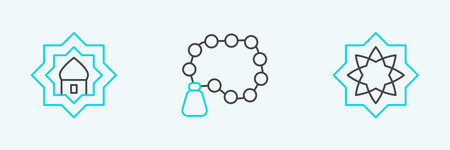 Set line Octagonal star, Muslim Mosque and Rosary beads religion icon. Vectorのイラスト素材