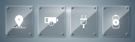 Set Battery charge, Electric plug, Low battery and Charging parking electric car. Square glass panels. Vectorのイラスト素材
