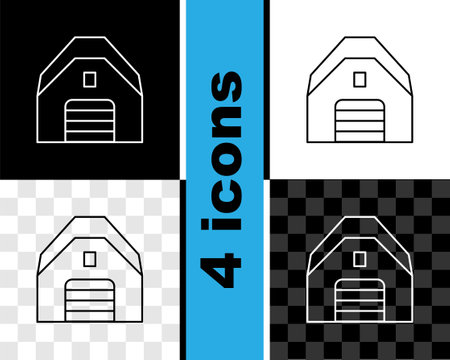 Set line Garage icon isolated on black and white, transparent background. Vectorのイラスト素材