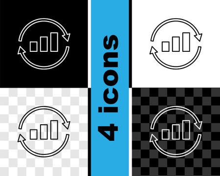 Set line Graph, schedule, chart, diagram, infographic, pie graph icon isolated on black and white, transparent background. Vectorのイラスト素材